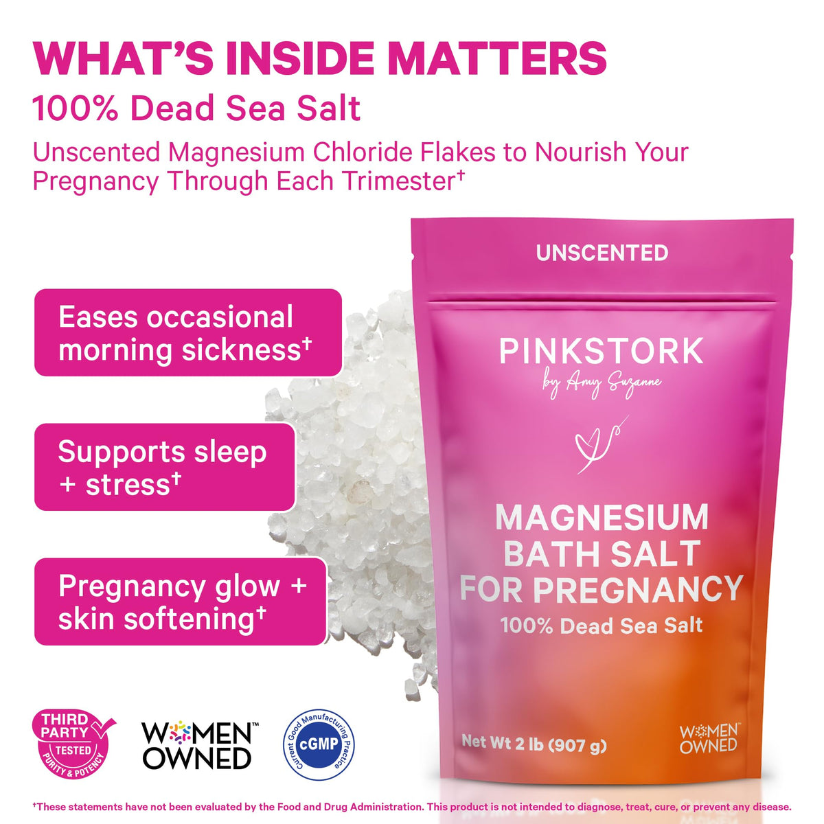 Pink Stork open jar revealing white magnesium flakes for soothing mineral baths
