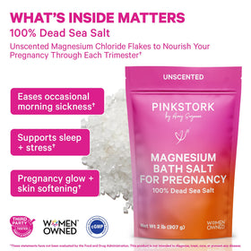 Pink Stork open jar revealing white magnesium flakes for soothing mineral baths