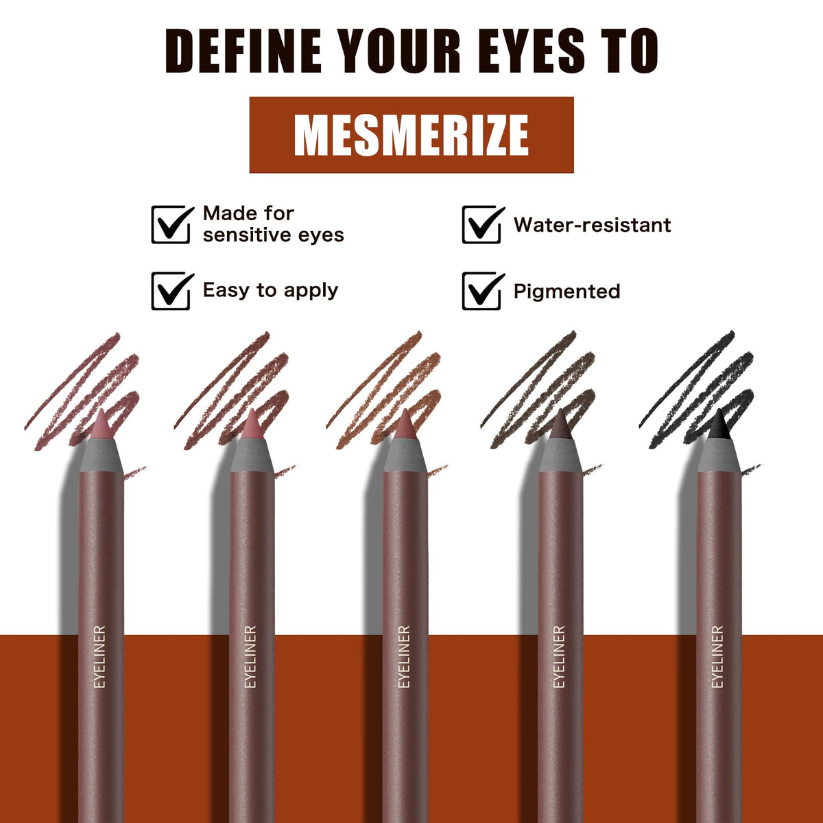 Pinkiou pencils arranged flatlay displaying Plum Stone Chocolate Brown Black options