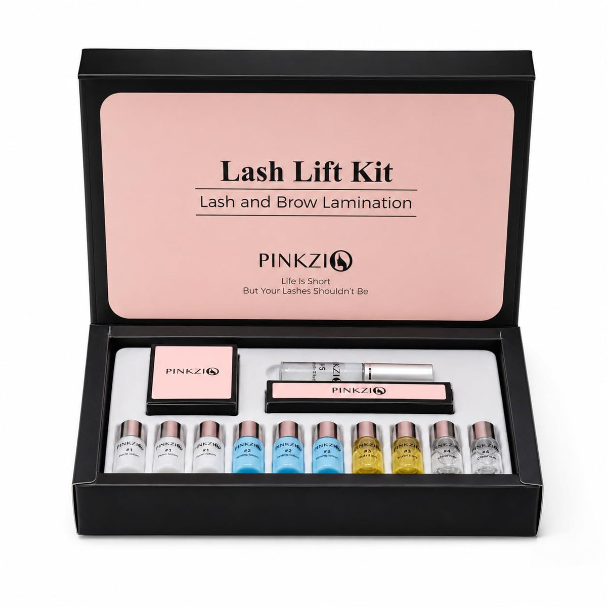 PINKZIO front packaging showing complete lash lift kit and benefits
