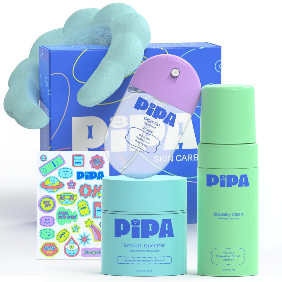 Pipa front packaging of starter skincare bundle showing set benefits