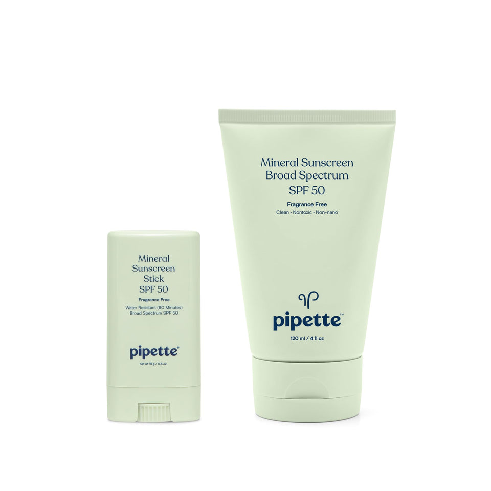 Pipette front packaging duo showing both sunscreen formats and label benefits
