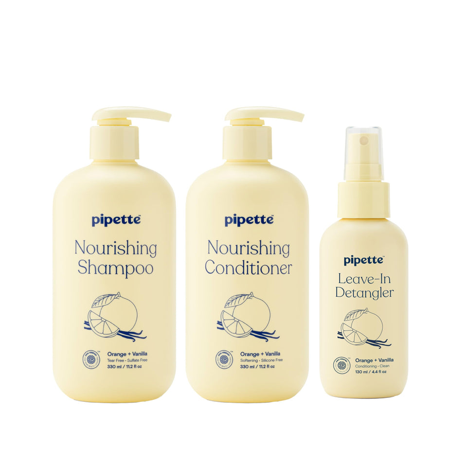 Pipette trio front packaging showing bottles and orange vanilla scent, aids caregiver choice