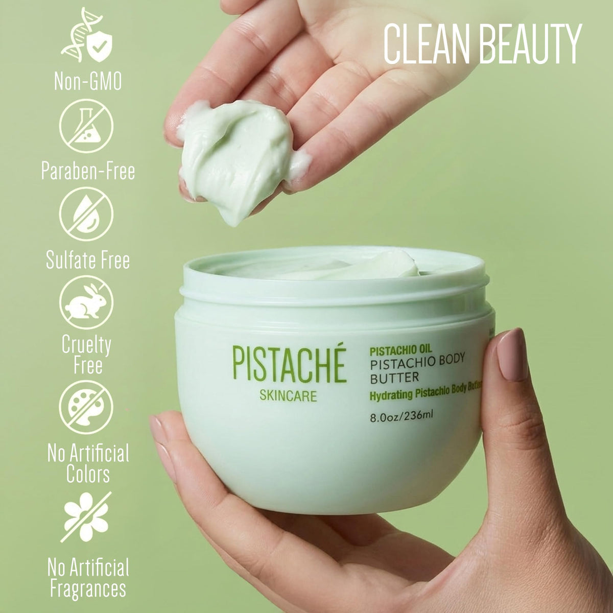 Applying Pistaché Skincare body butter on forearm demonstrating fast absorption