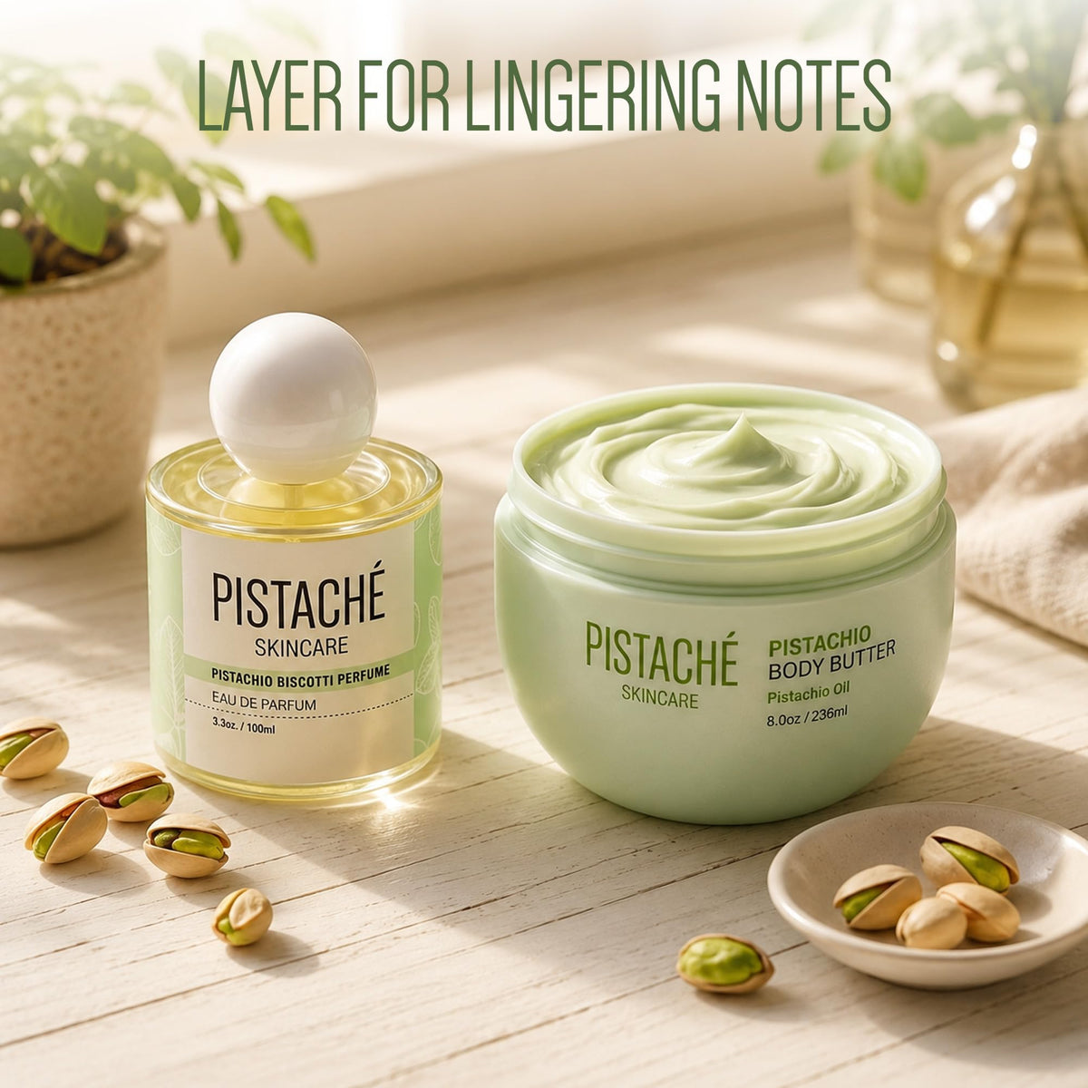Pistaché Skincare jar on bathroom shelf styled in a calming lifestyle setting