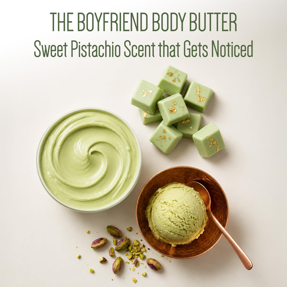 Top view of open jar of Pistaché Skincare body butter revealing silky pistachio cream
