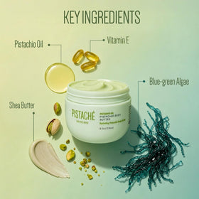 Raw pistachio nuts and oil next to Pistaché Skincare jar highlighting natural ingredient
