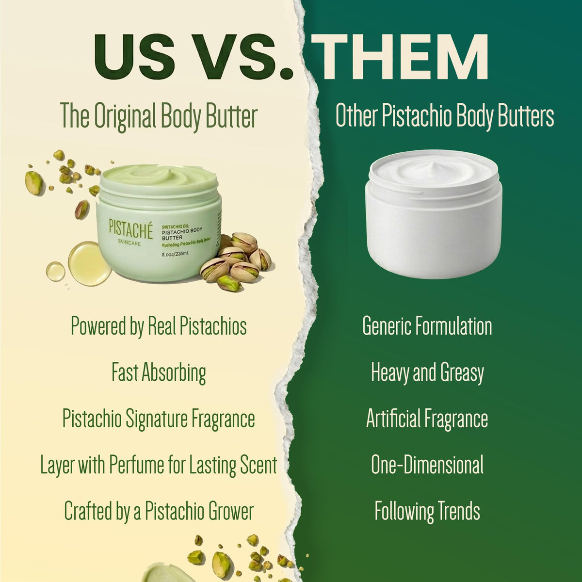 8 oz jar of Pistaché Skincare body butter beside a hand for size comparison