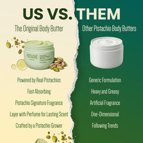 8 oz jar of Pistaché Skincare body butter beside a hand for size comparison