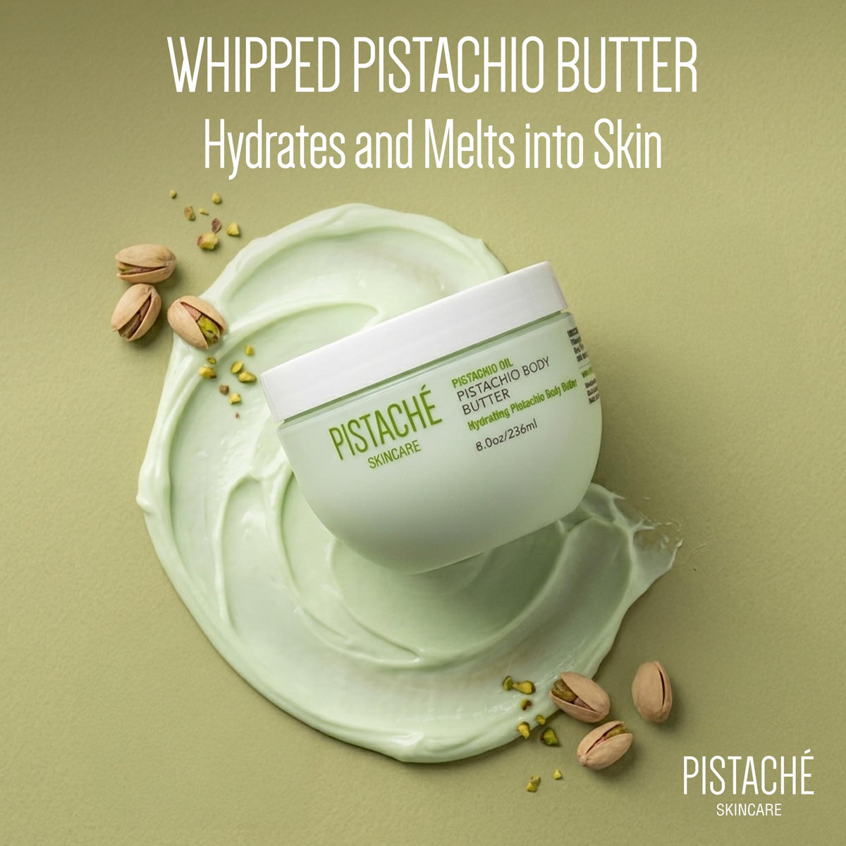 Close-up whipped texture of Pistaché Skincare body butter showing creamy absorbent finish