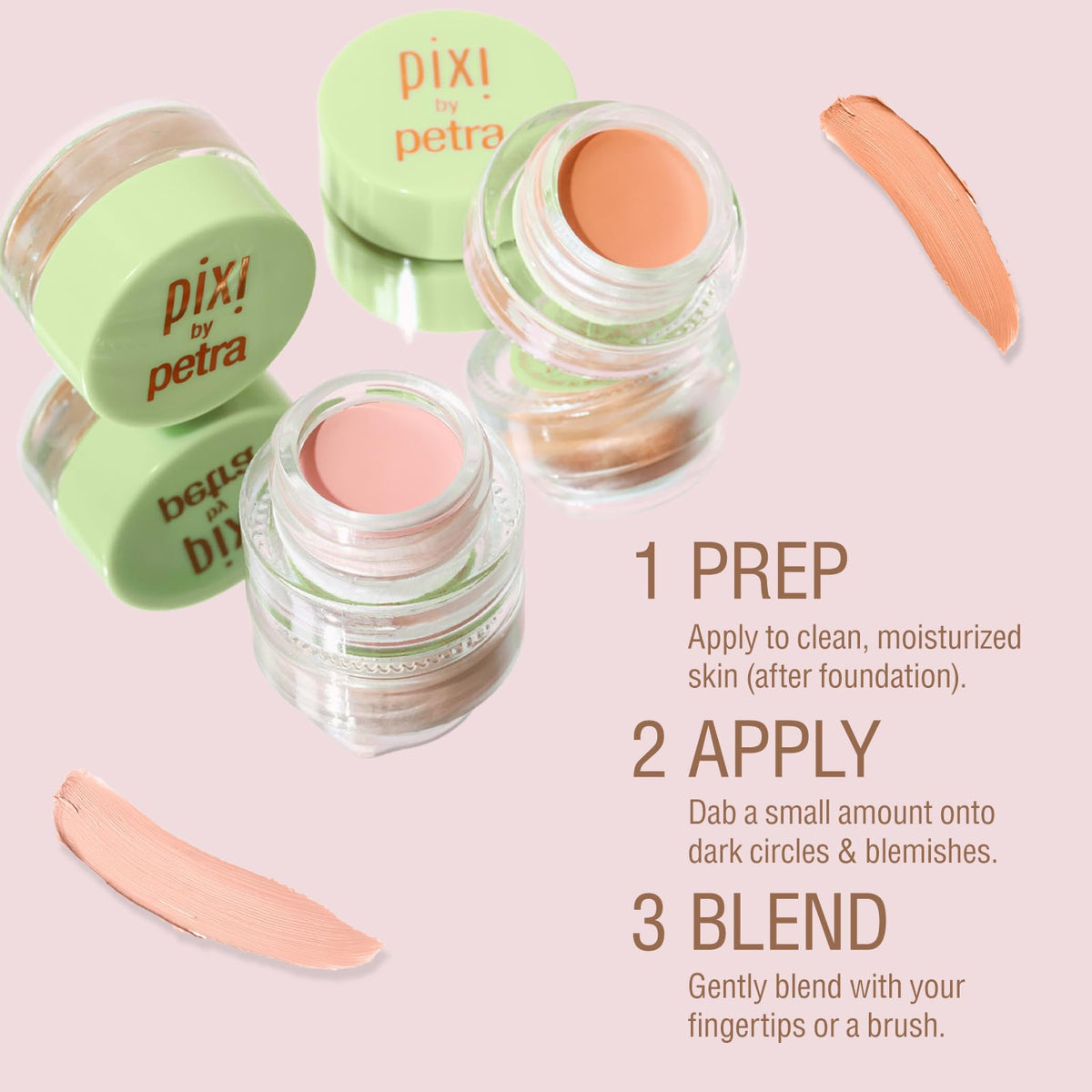 Model applying Pixi Brightening Peach under eye with fingertip, discreet coverage benefit