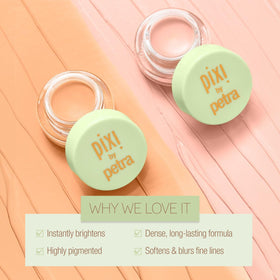 Back label of Pixi Brightening Peach highlighting ingredients, transparency and skin-friendly benefit