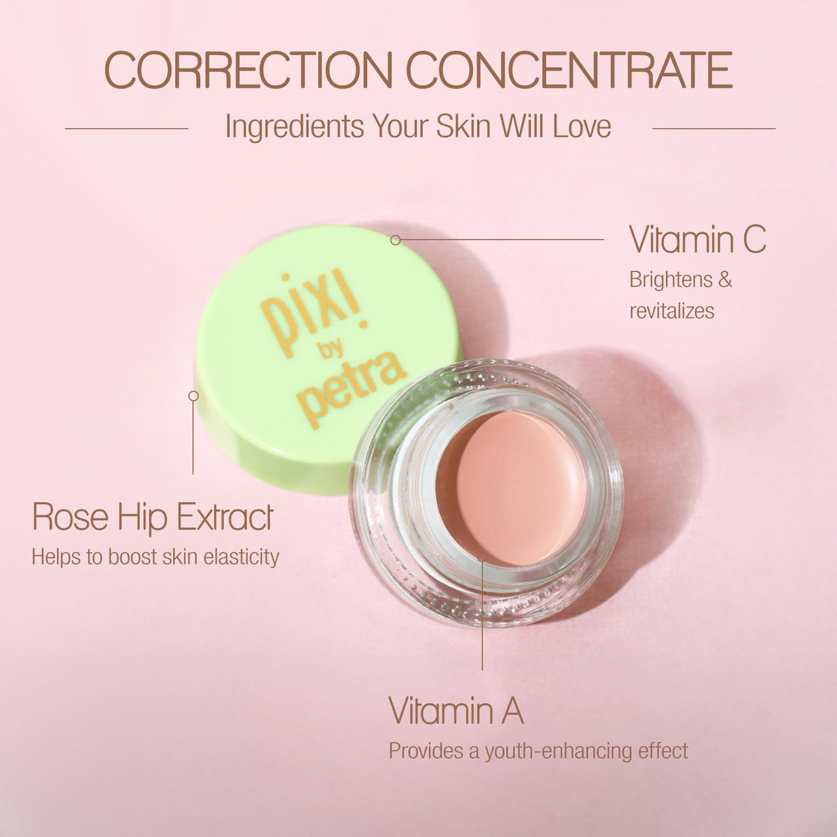 Creamy swatch of Pixi Brightening Peach on skin, shows blendable texture and color-cancelling benefit