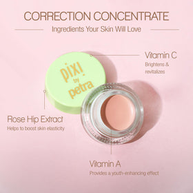 Creamy swatch of Pixi Brightening Peach on skin, shows blendable texture and color-cancelling benefit
