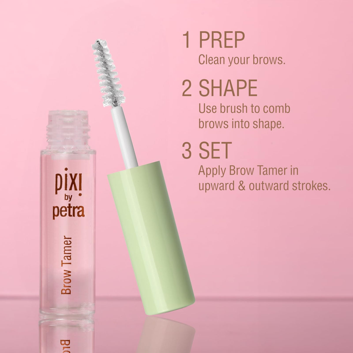 Model applying Pixi Brow Tamer showing lifted natural brow benefit