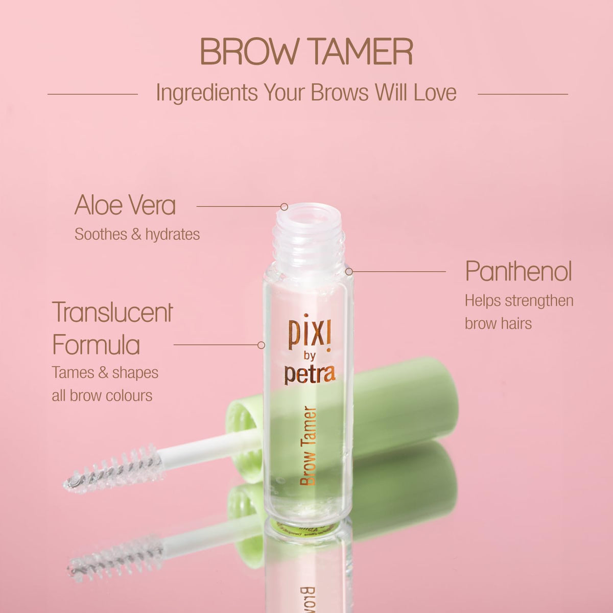 Pixi Brow Tamer gel texture closeup highlighting clear non‑crunchy finish
