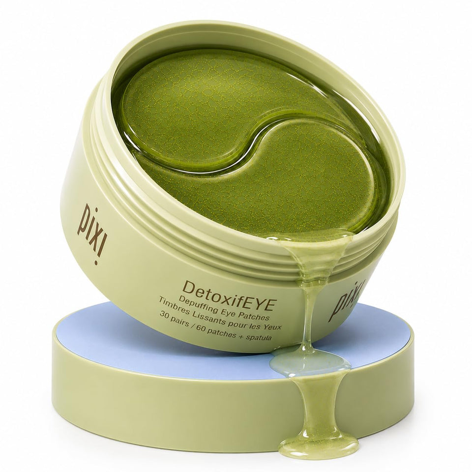 Pixi pouch front view showing DetoxifEYE and quick de-puff benefit