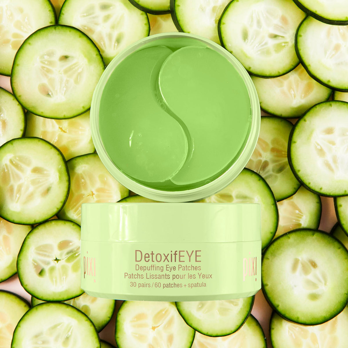 Pixi product beside fresh cucumber slices showing soothing ingredients