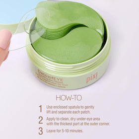 Pixi patch placed under eye demonstrating immediate cooling effect