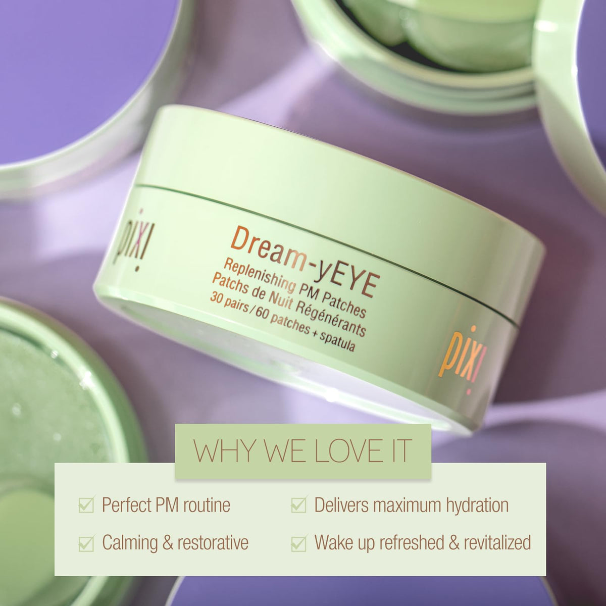 Pixi Dream-yEYE patches applied while reclining on bedside table — supports nighttime routine