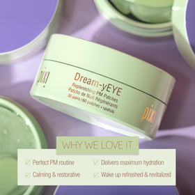 Pixi Dream-yEYE patches applied while reclining on bedside table — supports nighttime routine