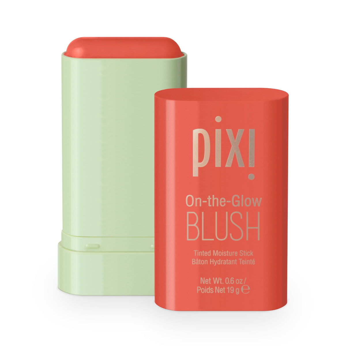 pixi front packaging showing blush stick and label with compact design benefit