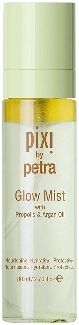 pixi front packaging showing Glow Mist bottle and clear labeling for radiant finish