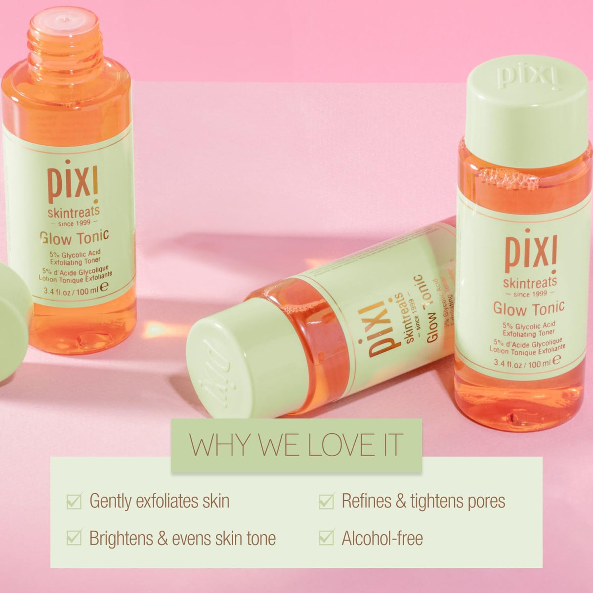 Pixi Glow Tonic on bathroom shelf in lifestyle setting for radiant routine benefit