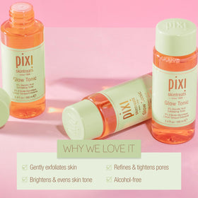 Pixi Glow Tonic on bathroom shelf in lifestyle setting for radiant routine benefit