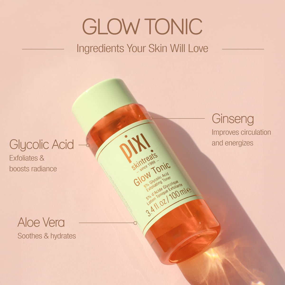 Pixi Glow Tonic close label showing ingredients and ingredient benefits