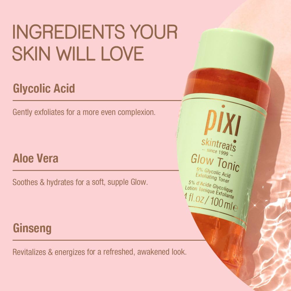 Pixi Glow Tonic beside common objects to display 8.5 fl oz scale
