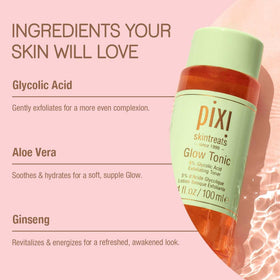 Pixi Glow Tonic beside common objects to display 8.5 fl oz scale