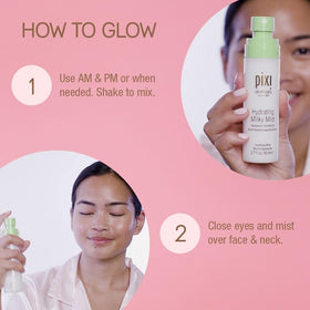 Pixi Milky Mist being sprayed into hand for quick refresh benefit