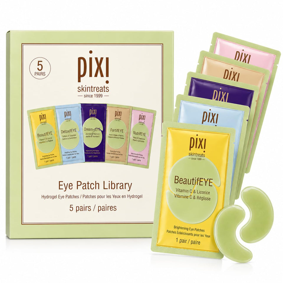 Pixi front packaging showing the five-pack travel eye patch set for convenience