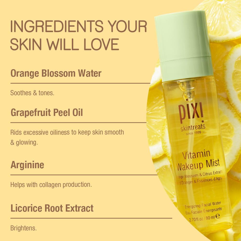 Pixi mist on bathroom vanity among skincare items suggesting quick refreshing routine benefit