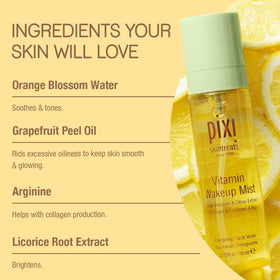 Pixi mist on bathroom vanity among skincare items suggesting quick refreshing routine benefit