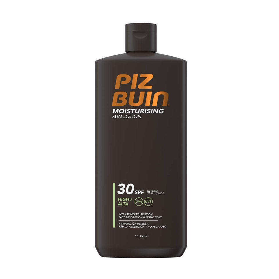 Piz Buin front packaging showing SPF 30 and moisturising benefit for reliable protection