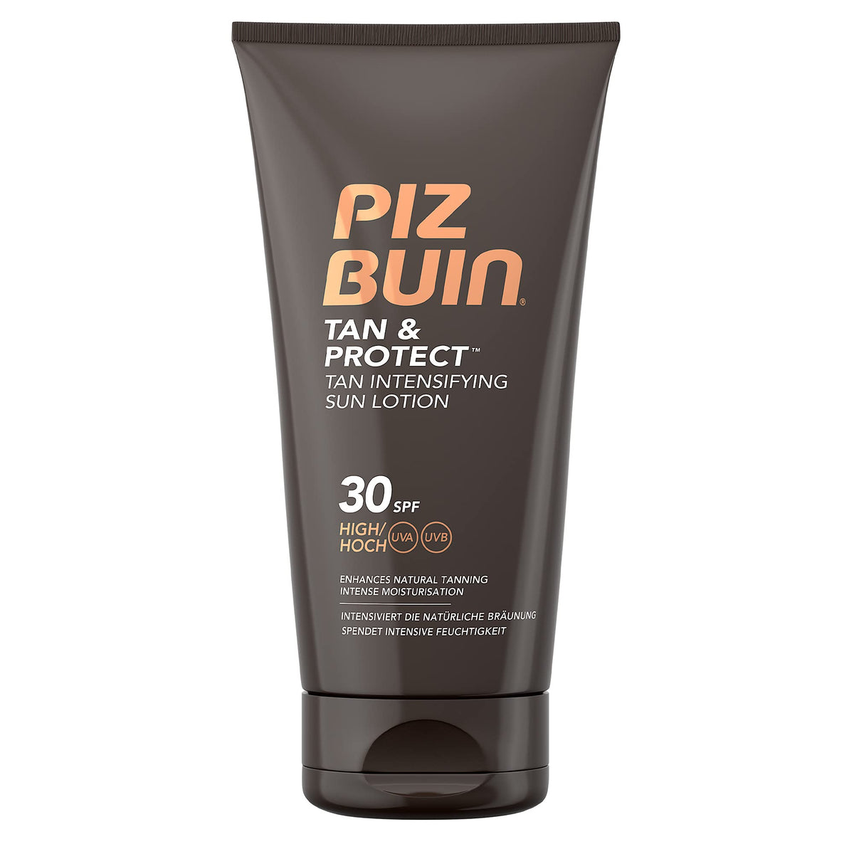Piz Buin front packaging of Tan & Protect SPF 30 showing product and benefit