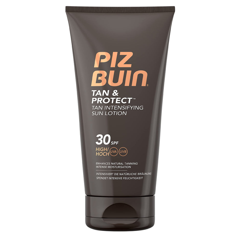 Piz Buin front packaging of Tan & Protect SPF 30 showing product and benefit