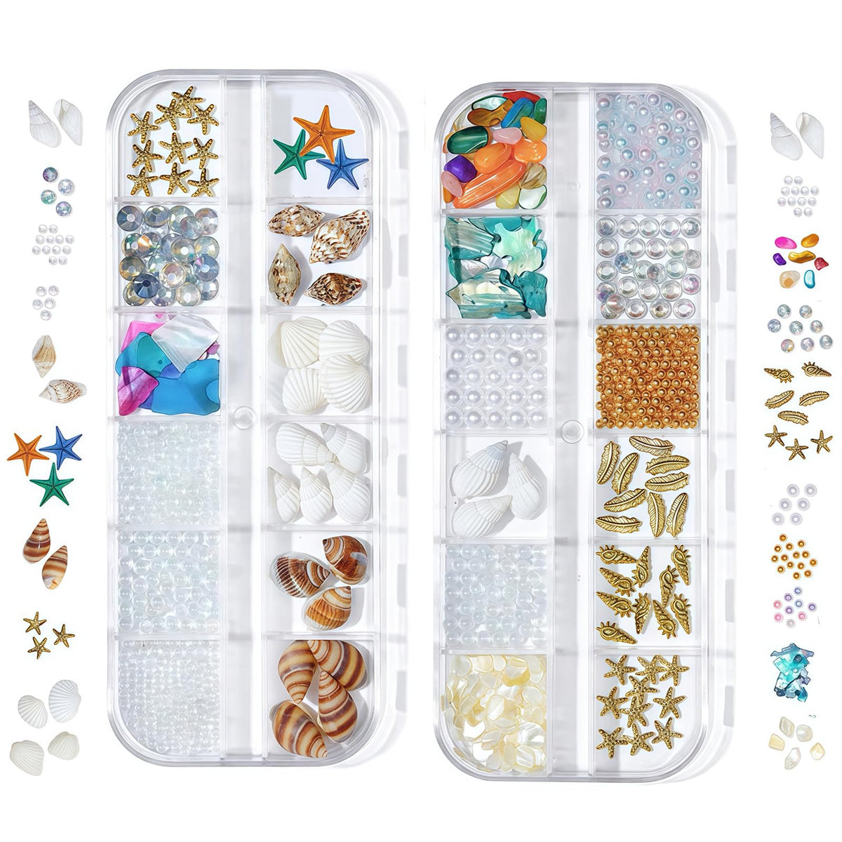 Pizadix open box of acrylic shells and starfish for detailed nail accents