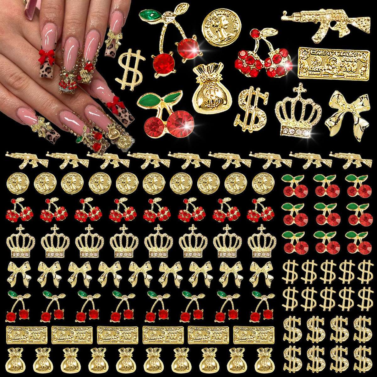 Pizadix front packaging showing full 106-piece gold charm kit and benefits