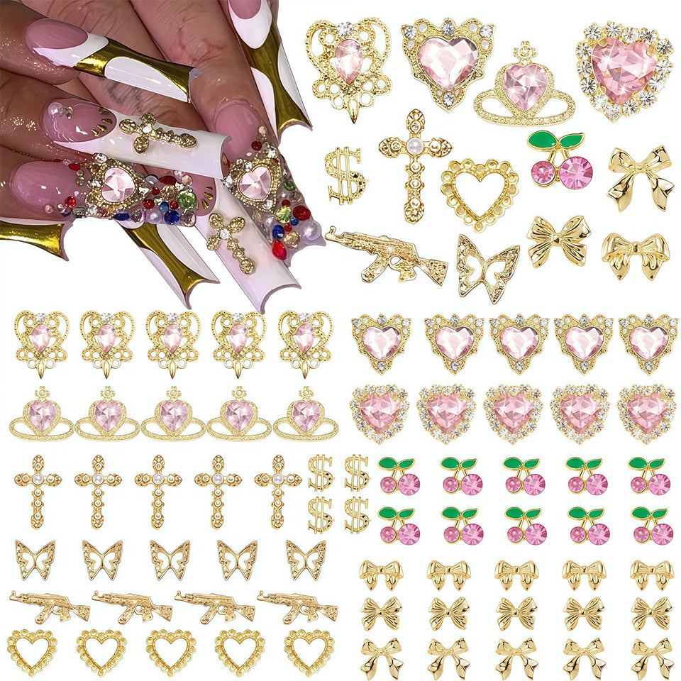 Pizadix front packaging showing 110-piece gold and pink charm set, easy selection benefit