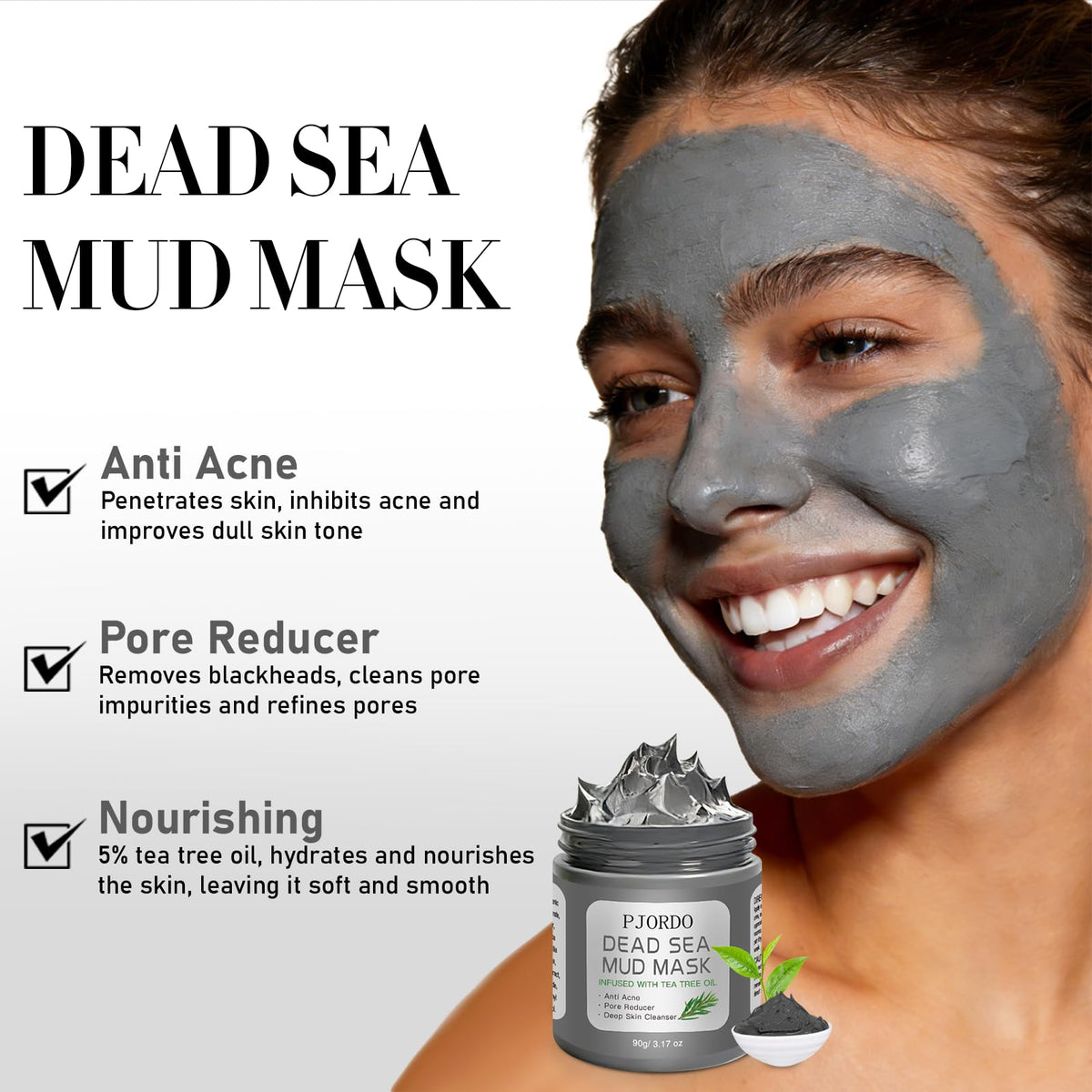 Pjordo Dead Sea mud being applied to cheek demonstrating pore-refining and oil control