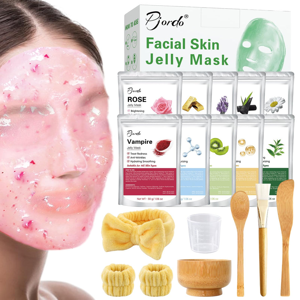 Pjordo front packaging showing the full 10-flavor jelly mask set and kit benefits