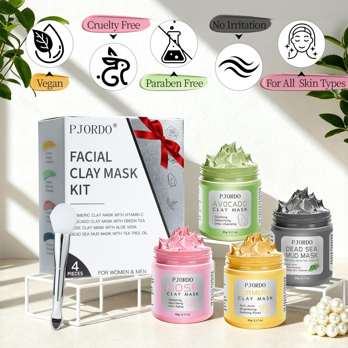 Pjordo lifestyle bathroom display with masks, towel, and candles for an at-home spa feel