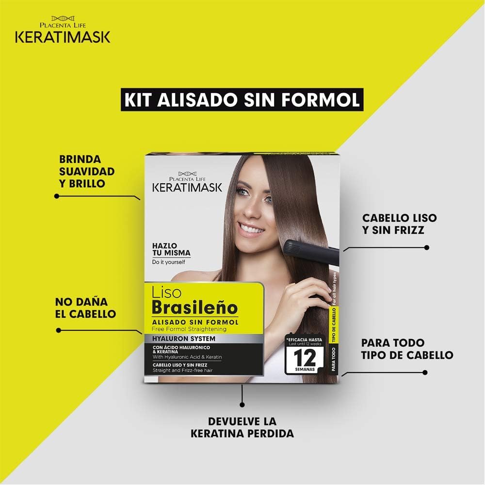 PLACENTA LIFE KERATIMASK before and after split showing frizz reduction and lasting smoothness