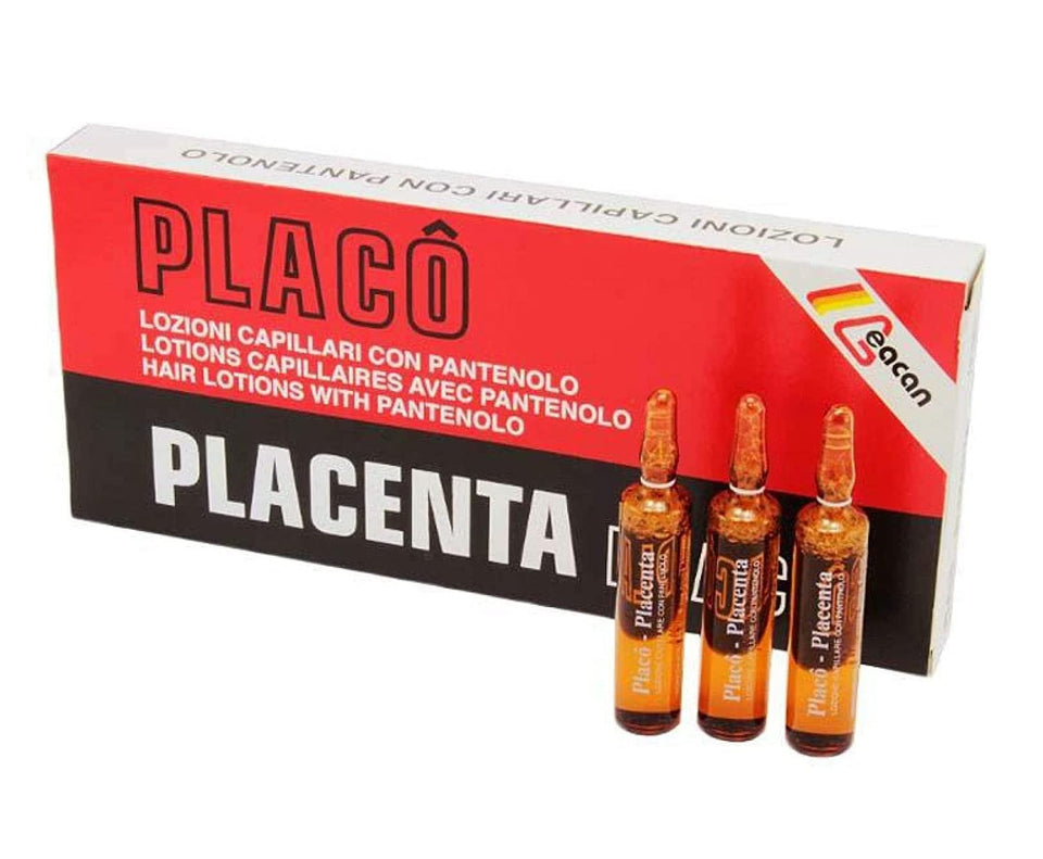 Placenta Placo front packaging showing 12 vials and benefits