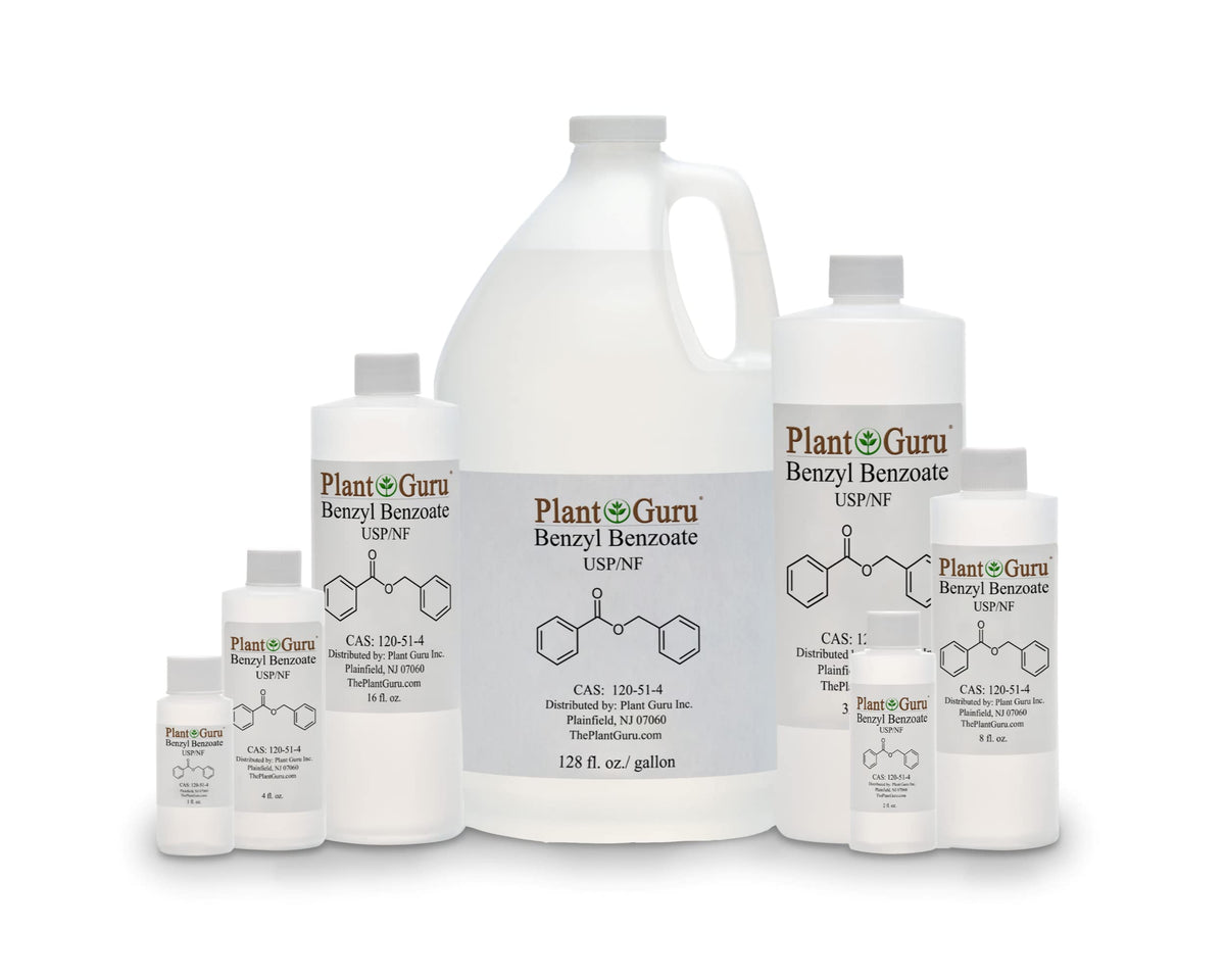 Plant Guru benzyl benzoate pouring closeup demonstrating smooth flow for simple dosing