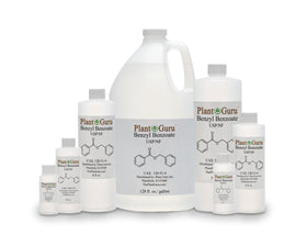 Plant Guru benzyl benzoate pouring closeup demonstrating smooth flow for simple dosing