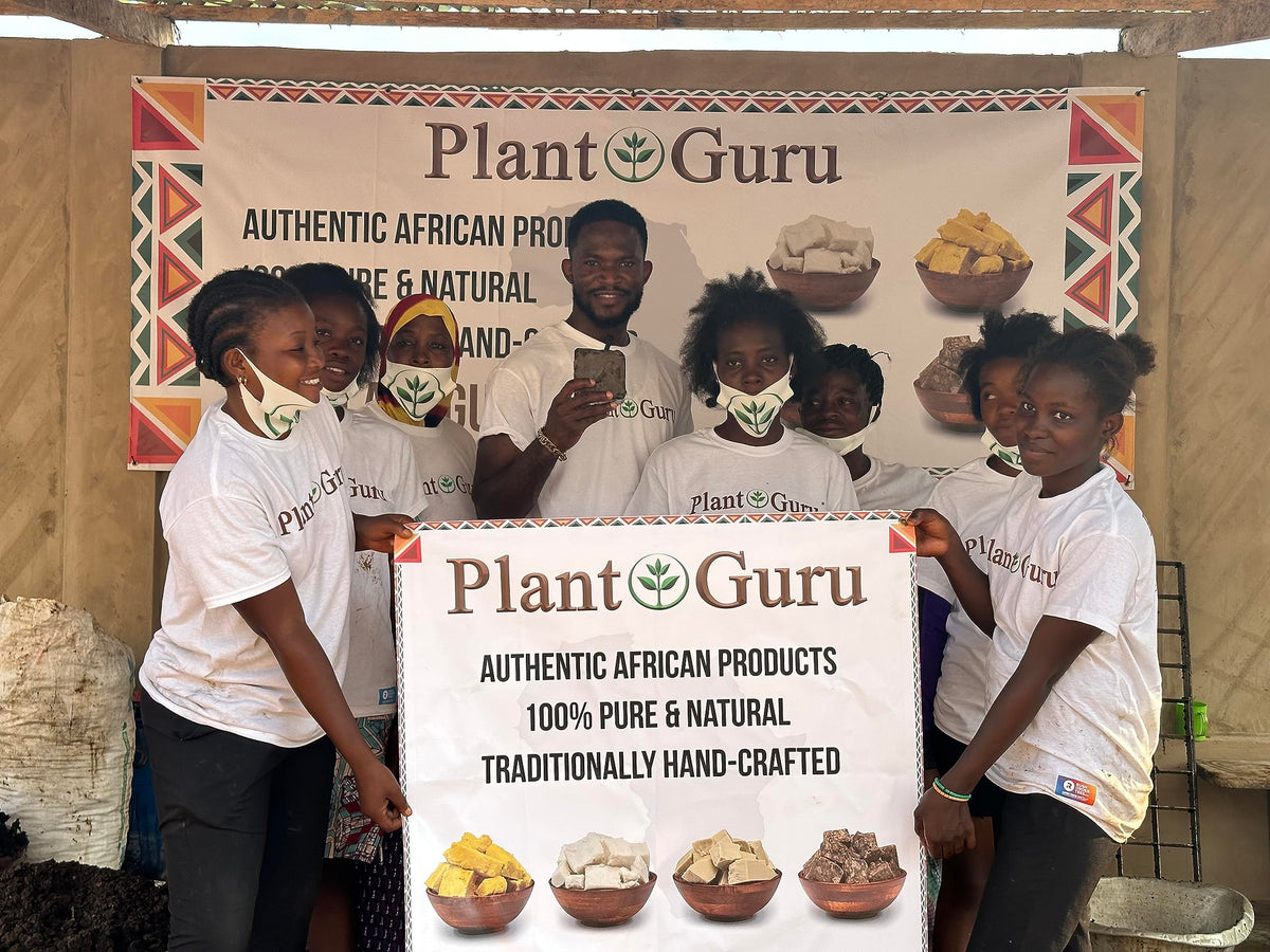 Plant Guru packaging with Ghana origin label emphasizing traditional handmade craftsmanship